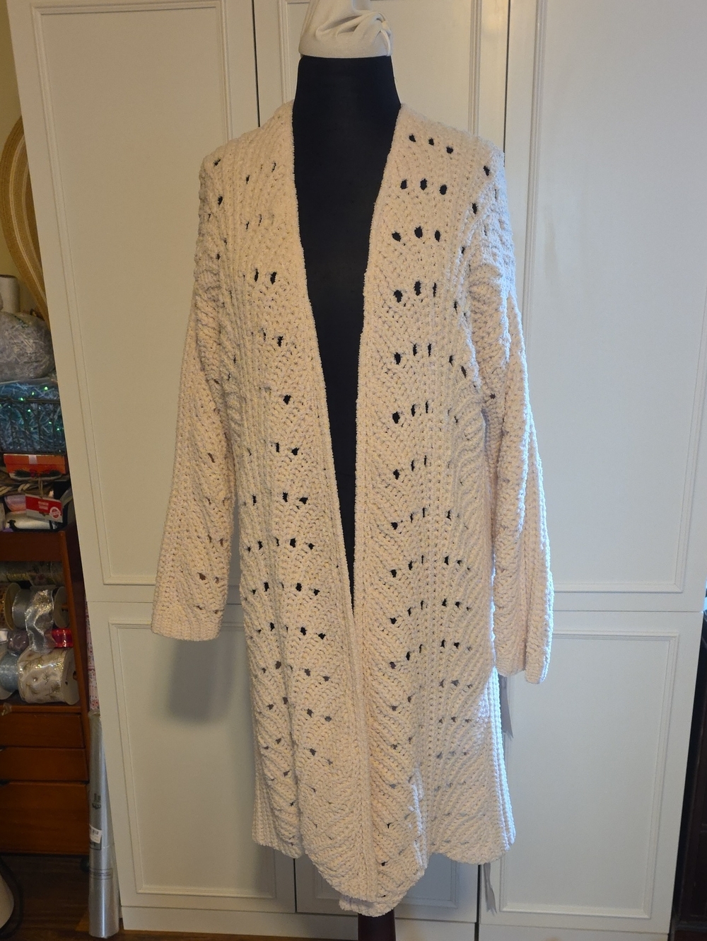 moon & madison Cream Open-Front Cable & Eyelet Knit Long Cardigan